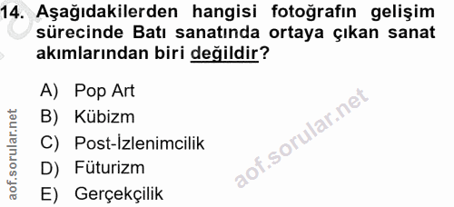 14. soru: Aşağıdakilerden hangisi fotoğrafın gelişim sürecinde Batı sanatında ortaya çıkan sanat akımlarından biri değildir? A)…