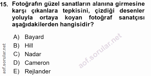 15. soru: Fotoğrafın güzel sanatların alanına girmesine karşı çıkanlara tepkisini, çizdiği desenler yoluyla ortaya koyan fotoğr…