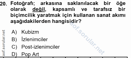20. soru: Fotoğrafi; arkasına saklanılacak bir öğe olarak değil, kapsamlı ve tarafsız bir biçimcilik yaratmak için kullanan san…