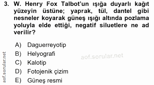 3. soru: W. Henry Fox Talbot'un ışığa duyarlı kağıt yüzeyin üstüne; yaprak, tül, dantel gibi nesneler koyarak güneş ışığı altı…