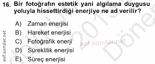 16. soru: Bir fotoğrafın estetik yani algılama duygusu yoluyla hissettirdiği enerjiye ne ad verilir? A) Zaman enerjisi B) Harek…