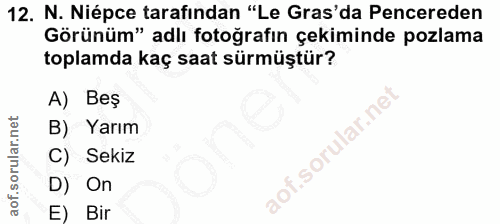 12. soru: N. Niépce tarafindan "Le Gras'da Pencereden Görünüm" adlı fotoğrafın çekiminde pozlama toplamda kaç saat sürmüştür? A…