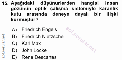 15. soru: Aşağıdaki düşünürlerden hangisi insan gözünün optik çalışma sistemiyle karanlık kutu arasında deneye dayalı bir ilişk…