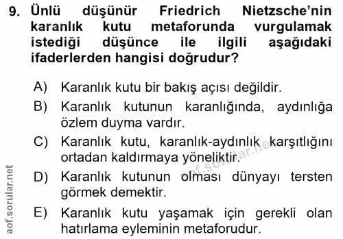 9. soru: Unlü düşünür Friedrich Nietzsche'nin karanlık kutu metaforunda vurgulamak istediği düşünce ile ilgili aşağıdaki ifade…