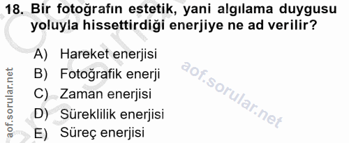 18. soru: Bir fotoğrafın estetik, yani algılama duygusu yoluyla hissettirdiği enerjiye ne ad verilir? A) Hareket enerjisi B) Fo…