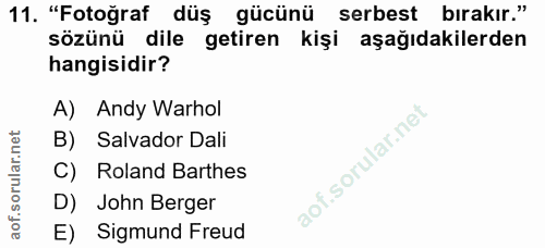 11. soru: "Fotoğraf düş gücünü serbest bırakır." sözünü dile getiren kişi aşağıdakilerden hangisidir? A) Andy Warhol B) Salvado…