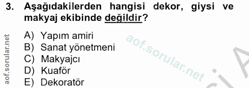 3. soru: Aşağıdakilerden hangisi dekor, giysi ve makyaj ekibinde değildir? A) Yapım amiri B) Sanat yönetmeni C) Makyajcı D) Ku…