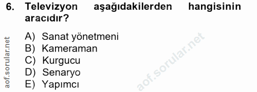 6. soru: Televizyon aşağıdakilerden hangisinin aracıdır? A) Sanat yönetmeni B) Kameraman C) Kurgucu D) Senaryo E) Yapımcı