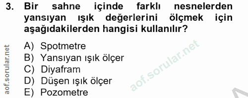 3. soru: Bir sahne içinde farklı nesnelerden yansıyan ışık değerlerini ölçmek için aşağıdakilerden hangisi kullanılır? A) Spot…