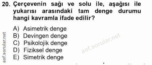 20. soru: Çerçevenin sağı ve solu ile, aşağısı ile yukarısı arasındaki tam denge durumu hangi kavramla ifade edilir? A) Asimetr…