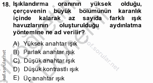 18. soru: Işıklandırma oraninın yüksek olduğu, çerçevenin büyük bölümünün karanlık içinde kalarak az sayıda farklı ışık havuzla…