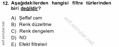12. soru: Aşağıdakilerden hangisi filtre türlerinden biri değildir? A) Şeffaf cam B) Renk düzeltme C) Renk dengelem D) ND E) Ef…