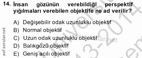 14. soru: Insan gözünün verebildiği perspektif yığılmaları verebilen objektife ne ad verilir? A) Değişebilir odak uzunluklu obj…
