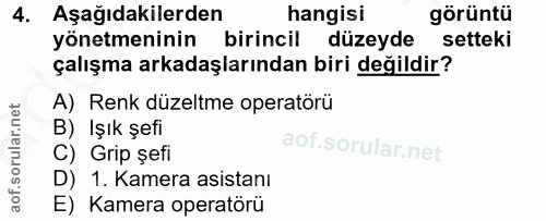 4. soru: Aşağıdakilerden hangisi görüntü yönetmeninin birincil düzeyde setteki çalışma arkadaşlarından biri değildir? A) Renk…