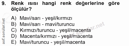 9. soru: Renk ısısı hangi renk değerlerine göre ölçülür? A) Mavi/sarı - yeşil/kırmızı C) Kırmızı/turuncu - yeşil/macentaar.net…