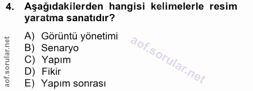 4. soru: Aşağıdakilerden hangisi kelimelerle resim yaratma sanatıdır? A) Görüntü yönetimi B) Senaryo C) Yapım D) Fikir E) Yapı…