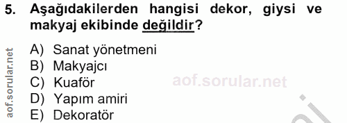 5. soru: Aşağıdakilerden hangisi dekor, giysi ve makyaj ekibinde değildir? A) Sanat yönetmeni B) Makyajcı C) Kuaför D) Yapım a…