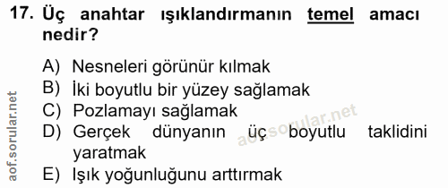 17. soru: Uç anahtar ışıklandırmanın temel amacı nedir? A) Nesneleri görünür kılmak B) İki boyutlu bir yüzey sağlamak C) Pozlam…