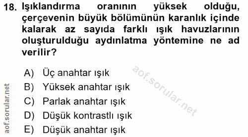 18. soru: Işıklandırma oranının yüksek olduğu, çerçevenin büyük bölümünün karanlık içinde kalarak az sayıda farklı ışık havuzla…