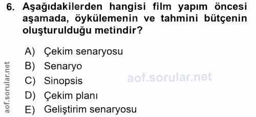 6. soru: Aşağıdakilerden hangisi film yapım öncesi aşamada, öykülemenin ve tahmini bütçenin oluşturulduğu metindir? A) Çekim s…