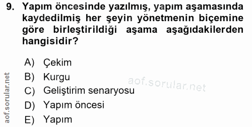 9. soru: Yapım öncesinde yazılmış, yapım aşamasında kaydedilmiş her şeyin yönetmenin biçemine gore birleştirildiği aşama aşağı…