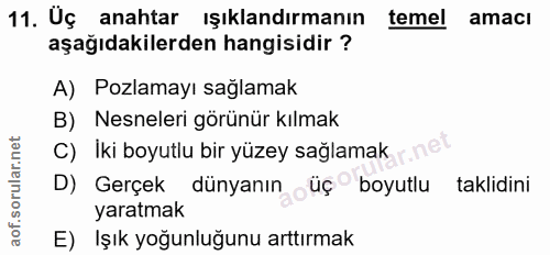 11. soru: Uç anahtar ışıklandırmanın temel amacı aşağıdakilerden hangisidir ? A) Pozlamayı sağlamak B) Nesneleri görünür kılmak…