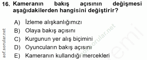 16. soru: Kameranın bakış açısının değişmesi aşağıdakilerden hangisini değiştirir? A) Izleme alışkanlığımızı lar.net B) Olaya b…