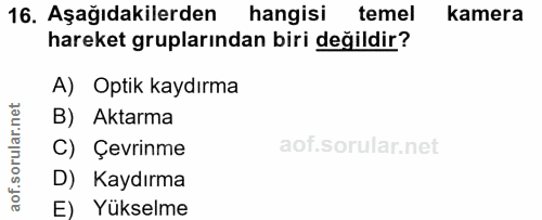 16. soru: Aşağıdakilerden hangisi temel kamera hareket gruplarından biri değildir? A) Optik kaydırma rular.net B) Aktarma C) Çe…