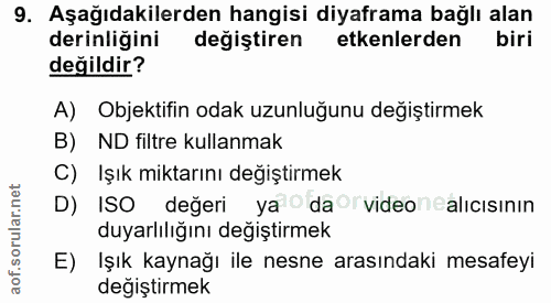 9. soru: Aşağıdakilerden hangisi diyaframa bağlı alan derinliğini değiştiren etkenlerden biri değildir? A) Objektifin odak uzu…