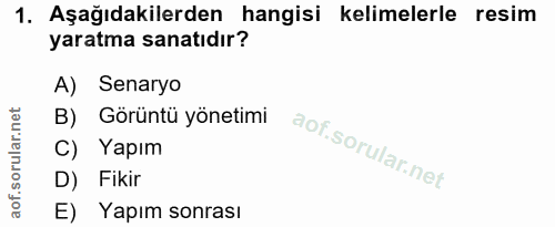 1. soru: Aşağıdakilerden hangisi kelimelerle resim yaratma sanatıdır? A) Senaryo B) Görüntü yönetimi C) Yapım D) Fikir E) Yapı…