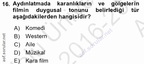 16. soru: Aydınlatmada karanlıkların ve gölgelerin filmin duygusal - tonunu belirlediği tür aşağıdakilerden hangisidir? A) Kome…