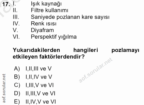 17. soru: I. Işık kaynağı II. Filtre kullanımı lil. Saniyede pozlanan kare sayısı IV. Renk ISIsI V. Diyafram VI. Perspektif yığ…