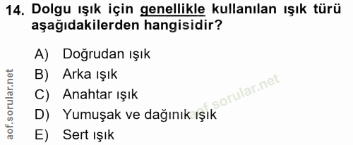 14. soru: Dolgu ışık için genellikle kullanılan ışık türü aşağıdakilerden hangisidir? A) Doğrudan ışık B) Arka ıŞık C) Anahtar…