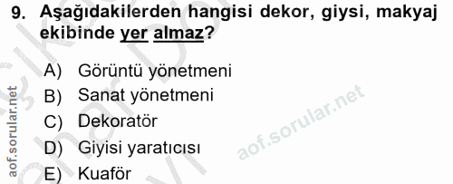 9. soru: Aşağıdakilerden hangisi dekor, giysi, makyaj ekibinde yer almaz? A) Görüntü yönetmeni B) Sanat yönetmeni C) Dekoratör…