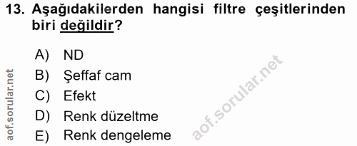 13. soru: Aşağıdakilerden hangisi filtre çeşitlerinden biri değildir? A) ND B) Şeffaf cam C) Efekt D) Renk düzeltme E) Renk den…