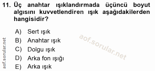 11. soru: Uç anahtar ışıklandırmada üçüncü boyut algısını kuvvetlendiren ışık aşağıdakilerden hangisidir? A) Sert ışık B) Anaht…