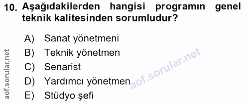 10. soru: Aşağıdakilerden hangisi programın genel teknik kalitesinden sorumludur? A) Sanat yönetmeni B) Teknik yönetmen D) Yard…