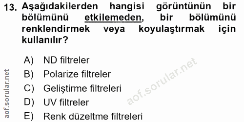 13. soru: Aşağıdakilerden hangisi görüntünün bir bölümünü etkilemeden, bir bölümünü renklendirmek veya koyulaştırmak için kulla…
