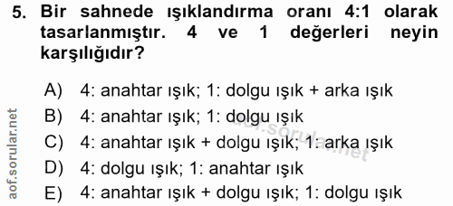 5. soru: Bir sahnede ışıklandırma oranı 4:1 olarak tasarlanmıştır. 4 ve 1 değerleri neyin karşılığıdır? A) 4: anahtar ışık; 1:…