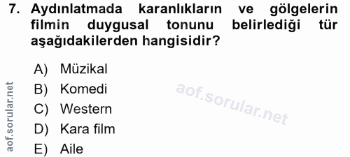 7. soru: Aydınlatmada karanlıkların ve gölgelerin filmin duygusal tonunu belirlediği tür aşağıdakilerden hangisidir? A) Müzika…