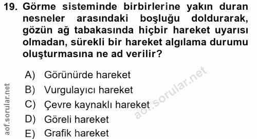 19. soru: Görme sisteminde birbirlerine yakın duran nesneler arasındaki boşluğu doldurarak, gözün ağ tabakasında hiçbir hareket…