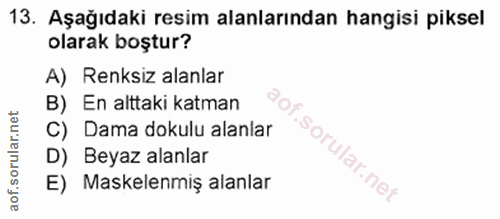 13. soru: Aşağıdaki resim alanlarından hangisi piksel olarak boştur? A) Renksiz alanlar B) En alttaki katman C) Dama dokulu ala…