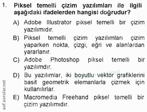 1. soru: Piksel temelli çizim yazılımları ile ilgili aşağıdaki ifadelerden hangisi doğrudur? A) Adobe Illustrator piksel temel…