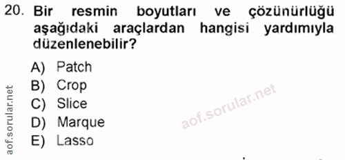 20. soru: Bir resmin boyutları ve çözünürlüğü aşağıdaki araçlardan hangisi yardımıyla düzenlenebilir? A) Patch B) Crop C) Slice…
