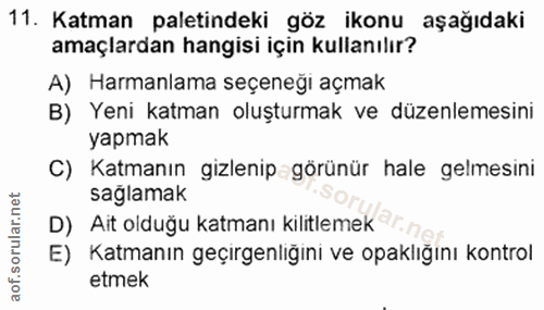 11. soru: Katman paletindeki göz ikonu aşağıdaki amaçlardan hangisi için kullanılır? A) Harmanlama seçeneğı açmak B) Yeni katma…