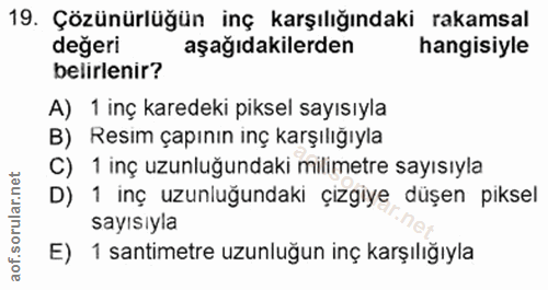19. soru: Çözünürlüğün inç karşılığındaki rakamsal değeri aşağıdakilerden hangisiyle belirlenir? A) 1 inç karedeki piksel sayıs…