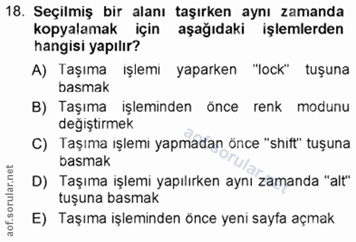 18. soru: Seçilmiş bir alanı taşırken aynı zamanda kopyalamak için aşağıdaki işlemlerden hangisi yapılır? A) Taşıma işlemi yapa…