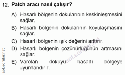 12. soru: Patch aracı nasıl çalışır? A) Hasarlı bölgenin dokularının keskinleşmesini sağlar. B) Hasarlı bölgenin dokularının ko…