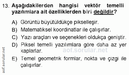 13. soru: Aşağıdakilerden hangisi vektör temelli yazılımlara ait özelliklerden biri değildir? A) Görüntü büyütüldükçe pikselleş…