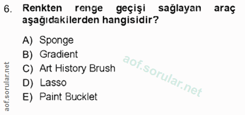 6. soru: Renkten renge geçişi sağlayan araç aşağıdakilerden hangisidir? A) Sponge B) Gradient C) Art History Brush D) Lasso E)…